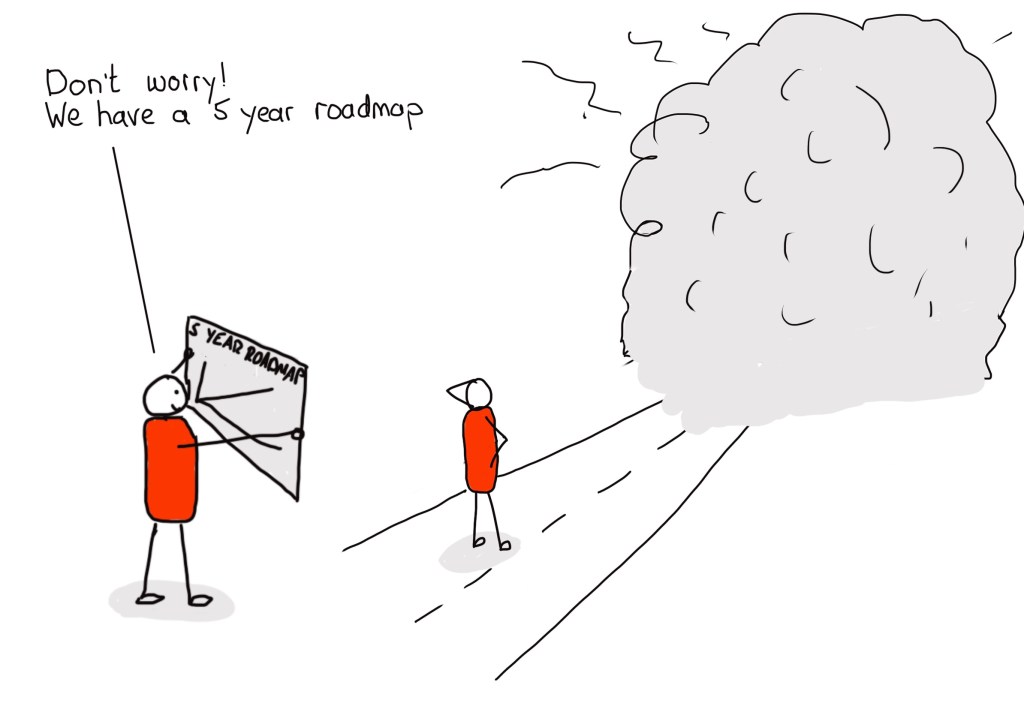 A cartoon depicting two stick figures on a road. One figure holds a sign stating '5 Year Roadmap' while the other looks concerned at a large cloud or obstacle on the horizon, with a speech bubble saying, 'Don't worry! We have a 5 year roadmap.'